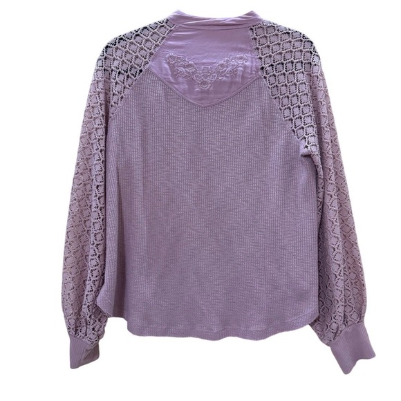 Free People Lace Sleeve Waffle Knit Top Pink Button Neck Embroidered Boho Small - Picture 5 of 5